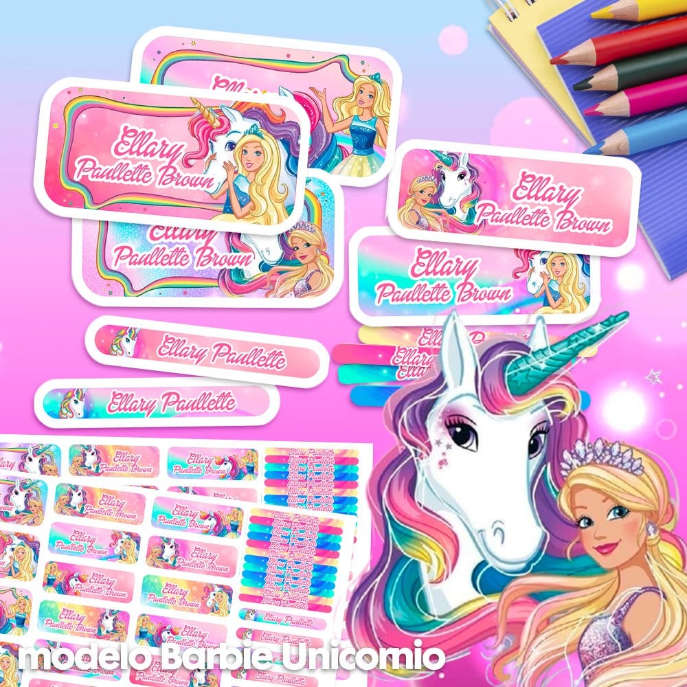 Etiquetas Escolares para Imprimir | Barbie Unicornio (Archivo Digital PDF)